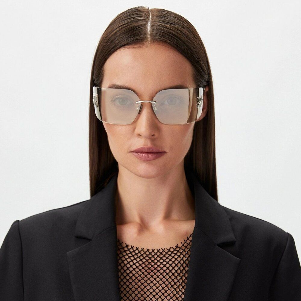 NEW Miu Miu MU54YS 1BC10F Silver Mirror Wraparound Rimless Women Sunglasses